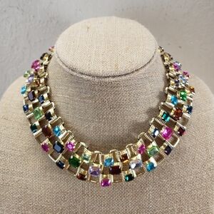 Gold Plated Multicolor Emerald Cut Jewel Tones Collar Runway Statement Necklace